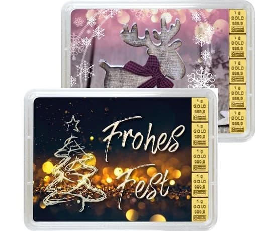 5 x 1 g Gold Geschenkkarte Frohes Fest