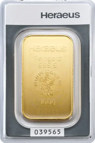 100 g Goldbarren Heraeus geprägt