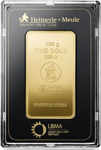 100 g Goldbarren Heimerle und Meule geprägt