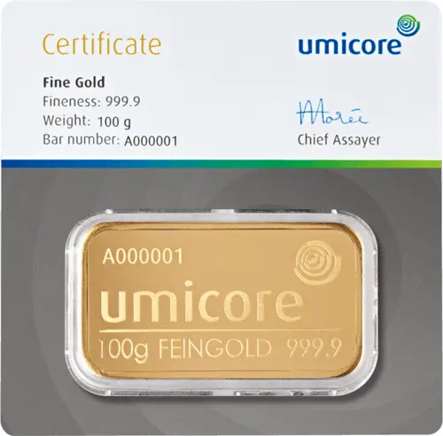 100 g Goldbarren Umicore geprägt