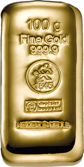 100 g Goldbarren Heimerle und Meule gegossen