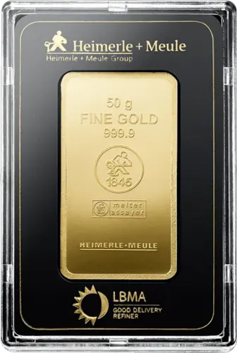 50 g Goldbarren Heimerle und Meule geprägt
